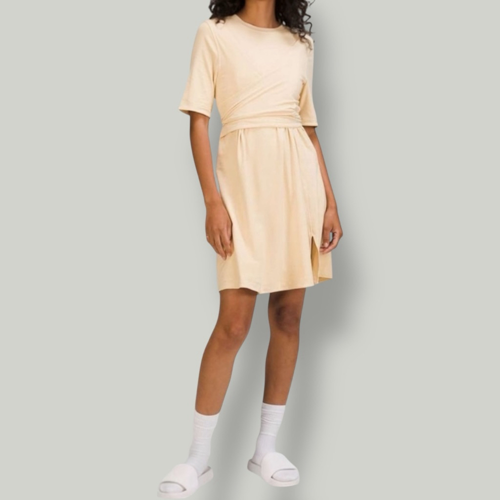 LULULEMON T-Shirt Dress Women Size 4 Small Yellow Cotton Wrap-Front Short Sleeve